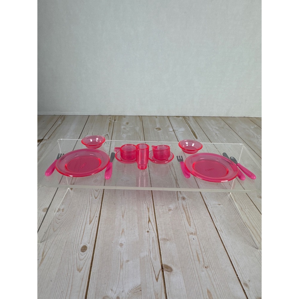 Pink Dollhouse Dish Set Plates Cups Utensils Lot Barbie Size Accessories
